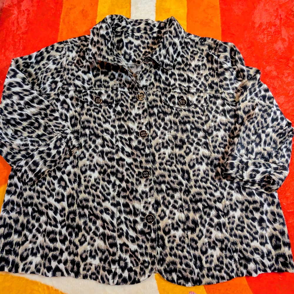 Leopard Print Jacket Blazer, 1X Button Up, 3/4 Sleeves Resortwear Animal Print